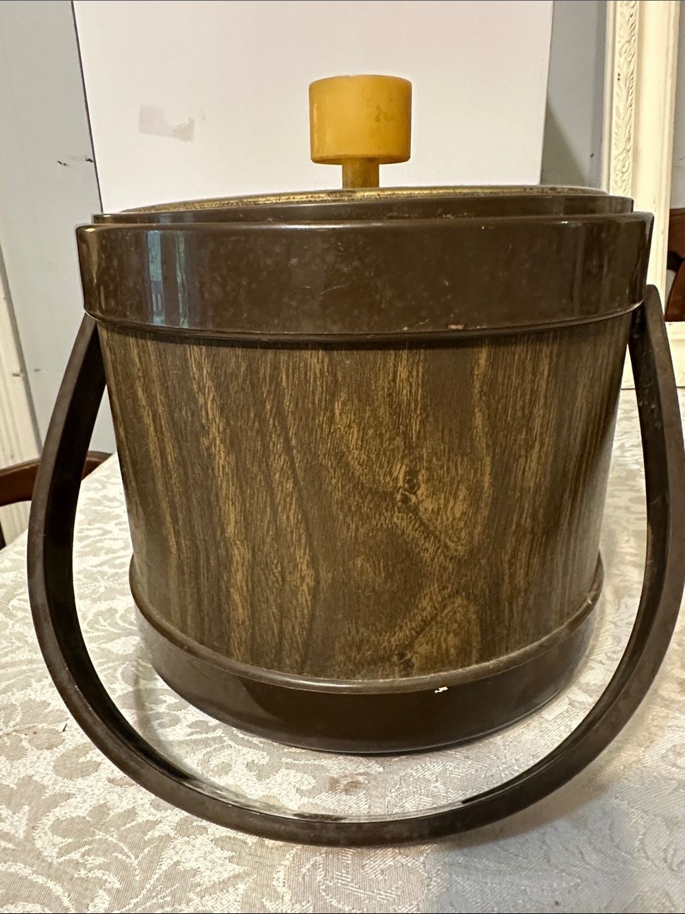 Brown Faux-Wood Ice Bucket with Handle and Yellow Knob